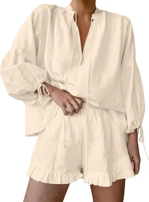 2 Piece Linen Sets for Women Trendy V Neck Lantern Sleeve Tops Ruffle Hem Shorts Outfit Casual Comfortable Tracksuit