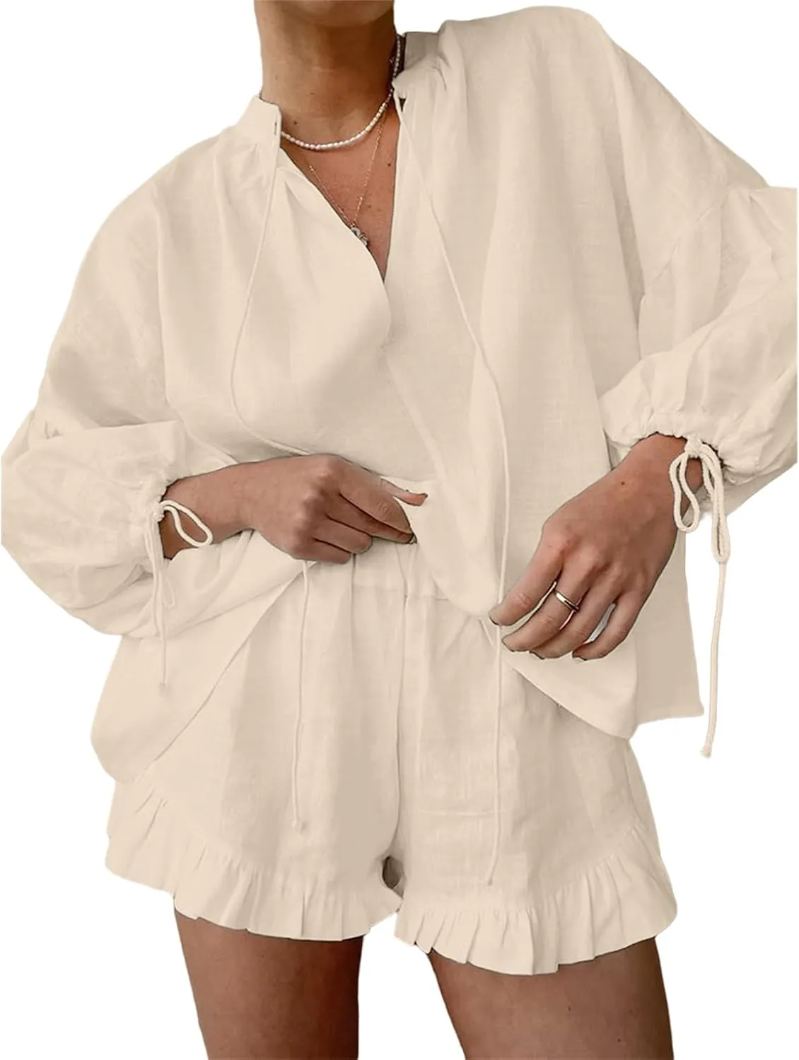 2 Piece Linen Sets for Women Trendy V Neck Lantern Sleeve Tops Ruffle Hem Shorts Outfit Casual Comfortable Tracksuit