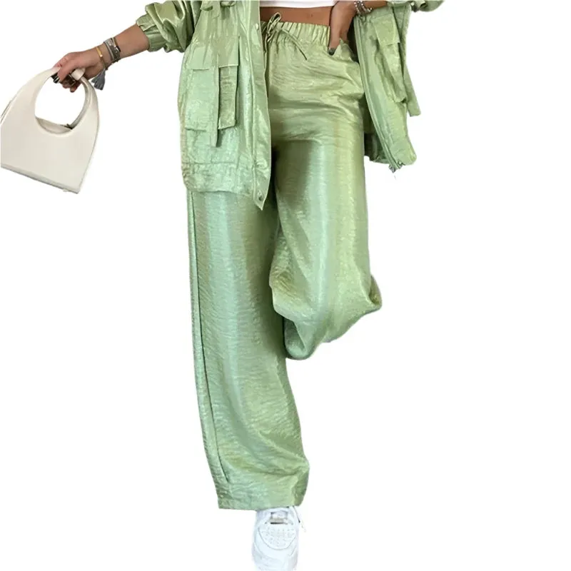 2025 Metallic Color Women's Jacket Set - Elegant Winter Pocket Cardigan Top & Straight-Leg Pants 2-Piece Outfit