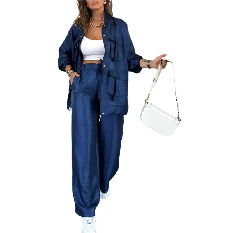 2025 Metallic Color Women's Jacket Set - Elegant Winter Pocket Cardigan Top & Straight-Leg Pants 2-Piece Outfit