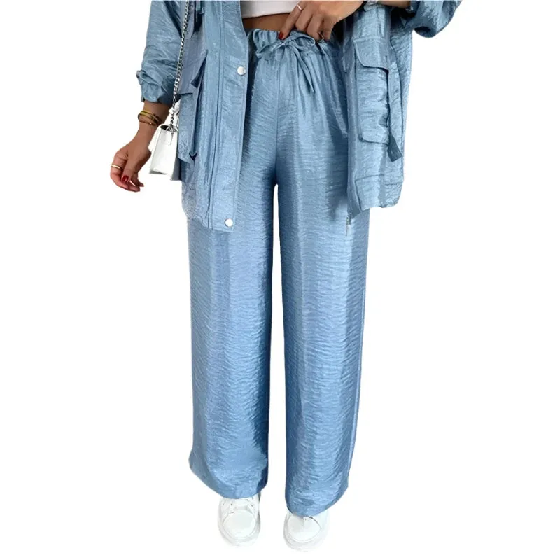 2025 Metallic Color Women's Jacket Set - Elegant Winter Pocket Cardigan Top & Straight-Leg Pants 2-Piece Outfit
