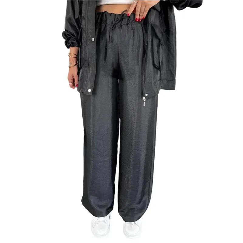 2025 Metallic Color Women's Jacket Set - Elegant Winter Pocket Cardigan Top & Straight-Leg Pants 2-Piece Outfit