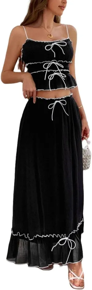 2025 Summer 2 Piece Maxi Skirt Set for Women Y2k Bow Tie Crop Top Flowy Ruffle Tiered Dress Vacation Beach Outfit