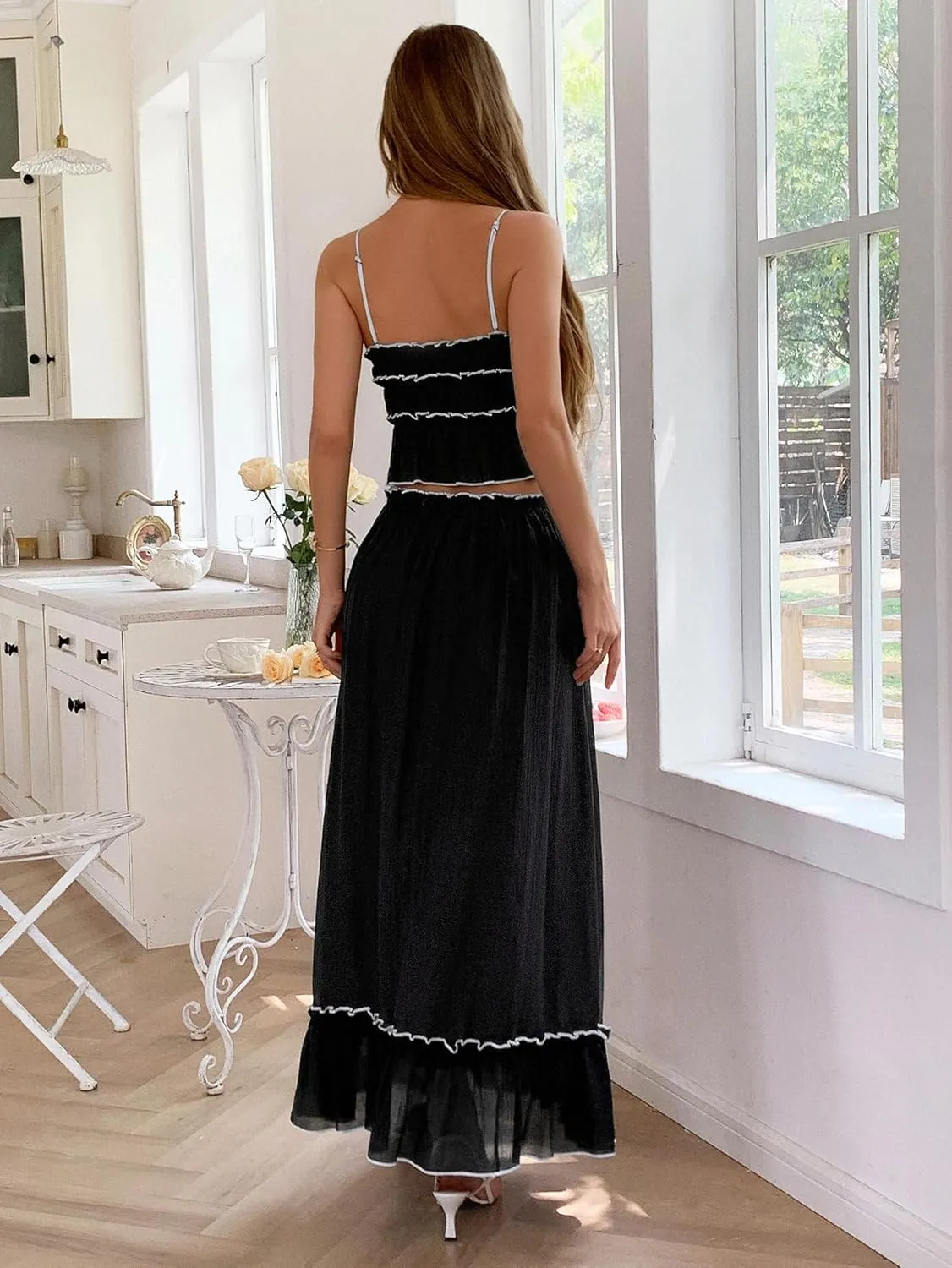 2025 Summer 2 Piece Maxi Skirt Set for Women Y2k Bow Tie Crop Top Flowy Ruffle Tiered Dress Vacation Beach Outfit