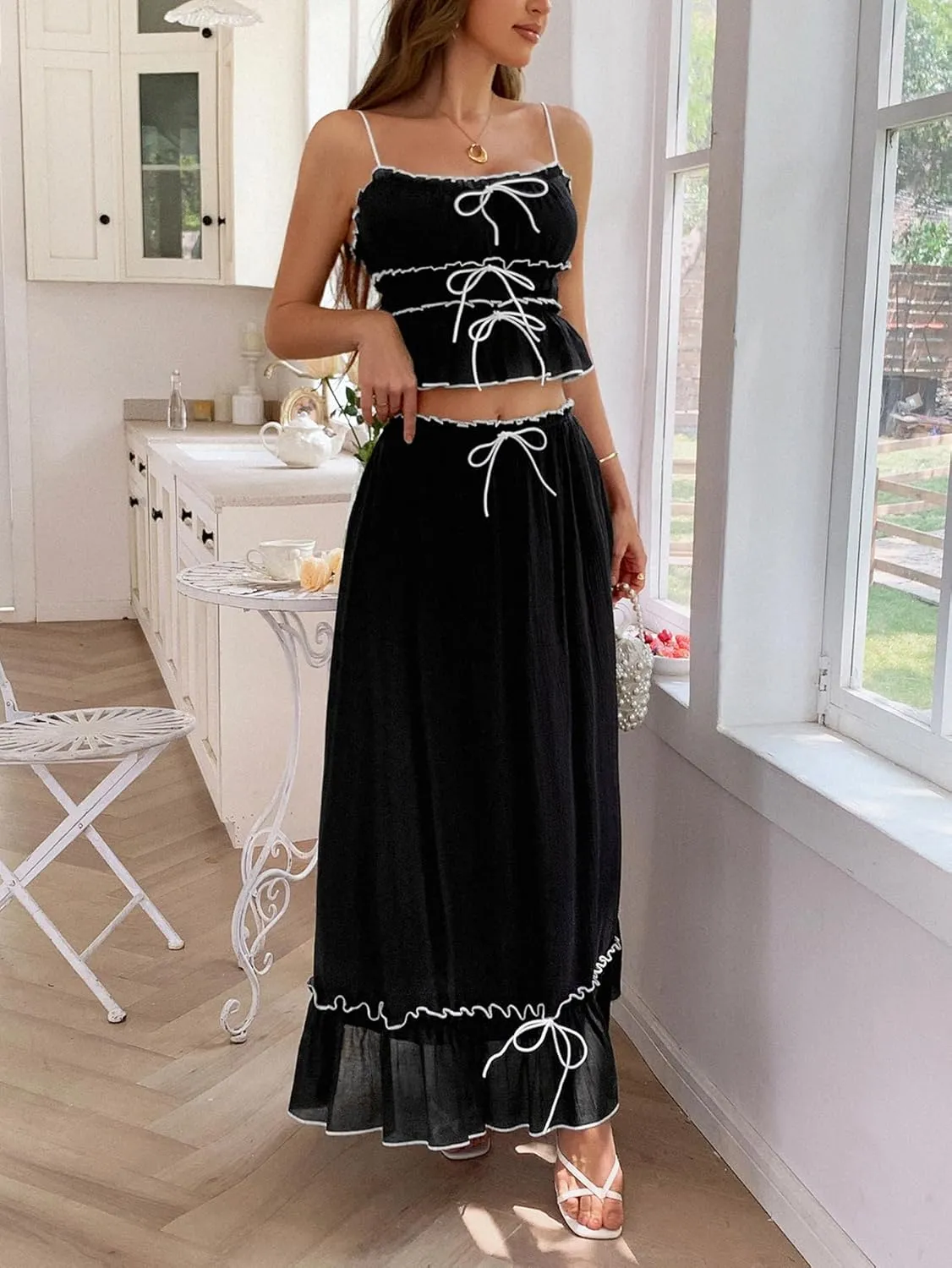 2025 Summer 2 Piece Maxi Skirt Set for Women Y2k Bow Tie Crop Top Flowy Ruffle Tiered Dress Vacation Beach Outfit
