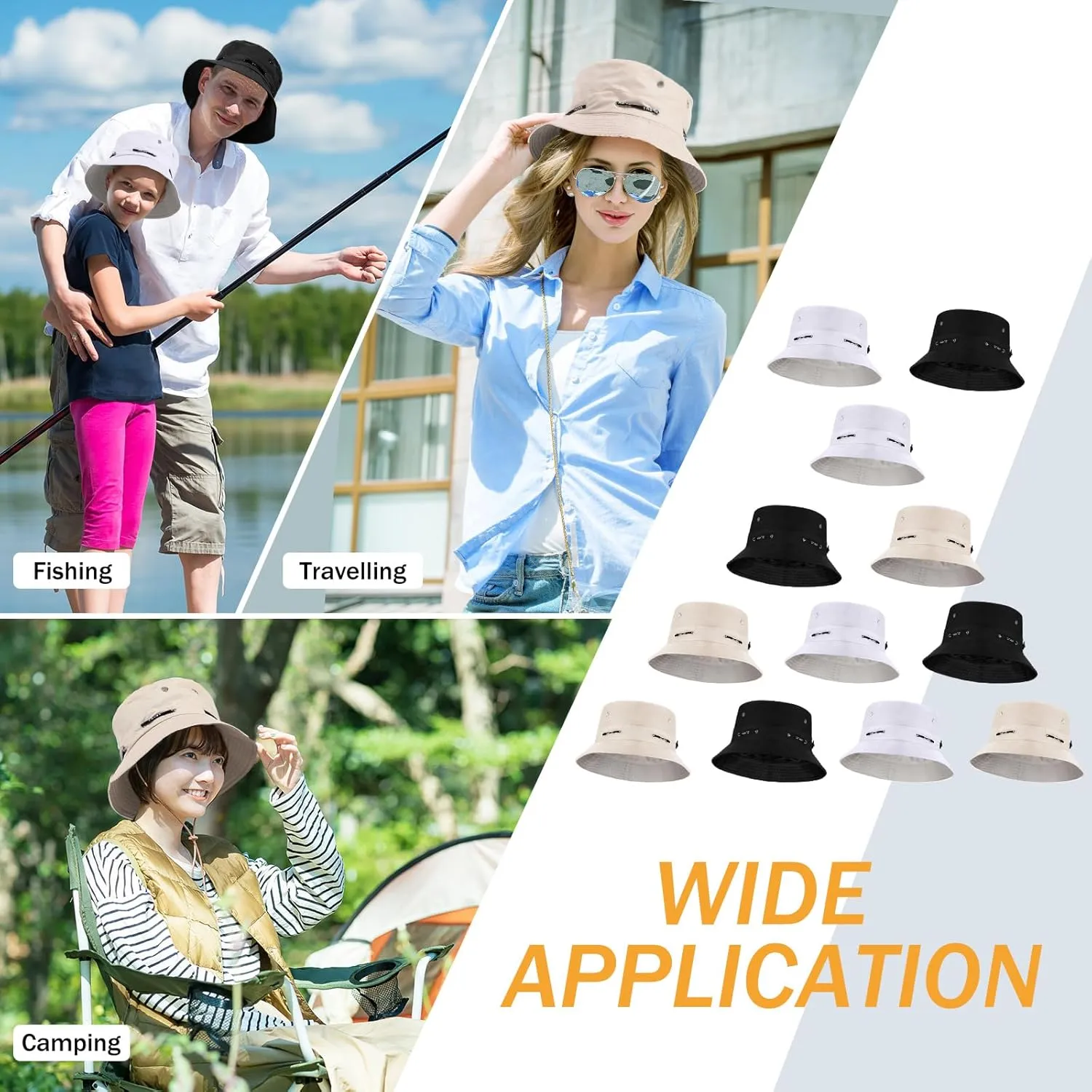 24 Pcs Bucket Hat Bulk for Women Men Adjustable Beach Boonie Sun Hat Summer Outdoor Packable Cap for Hiking Camping