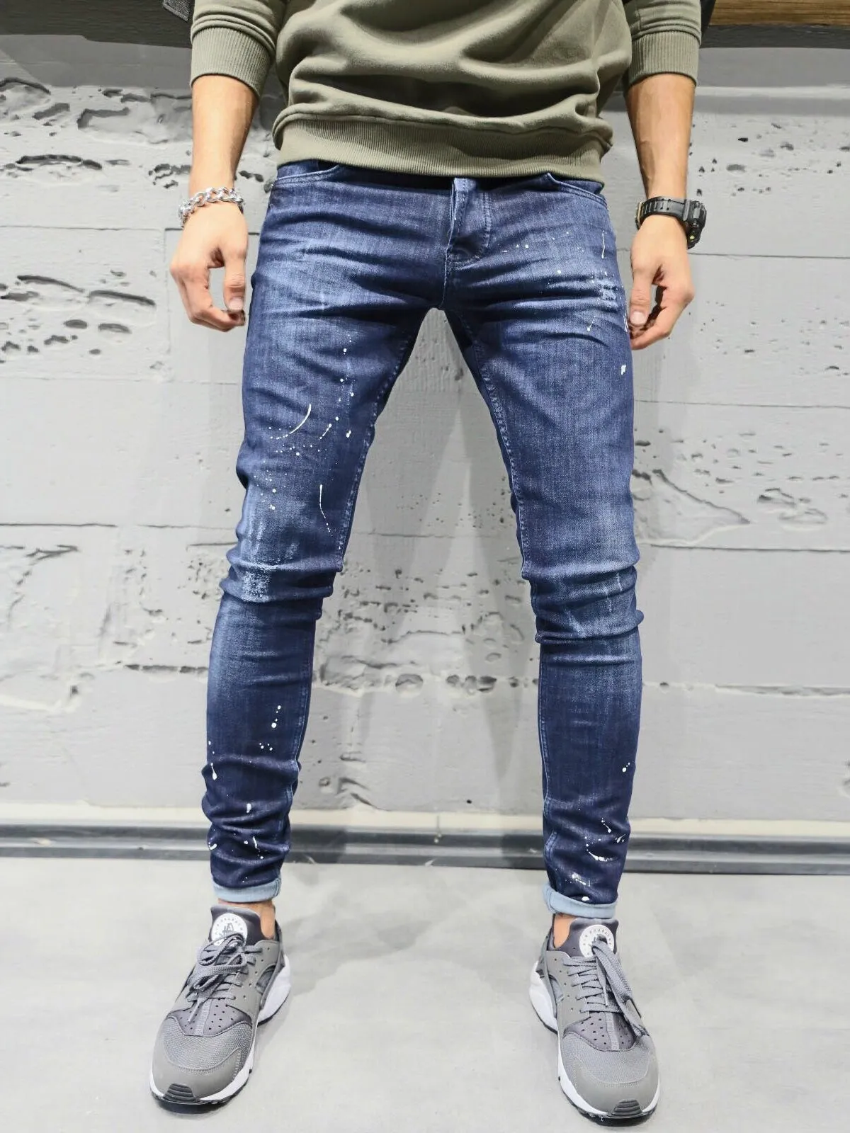 2Y Men Slim Fit Simplicity Paint Distressed Jeans - Dark Blue