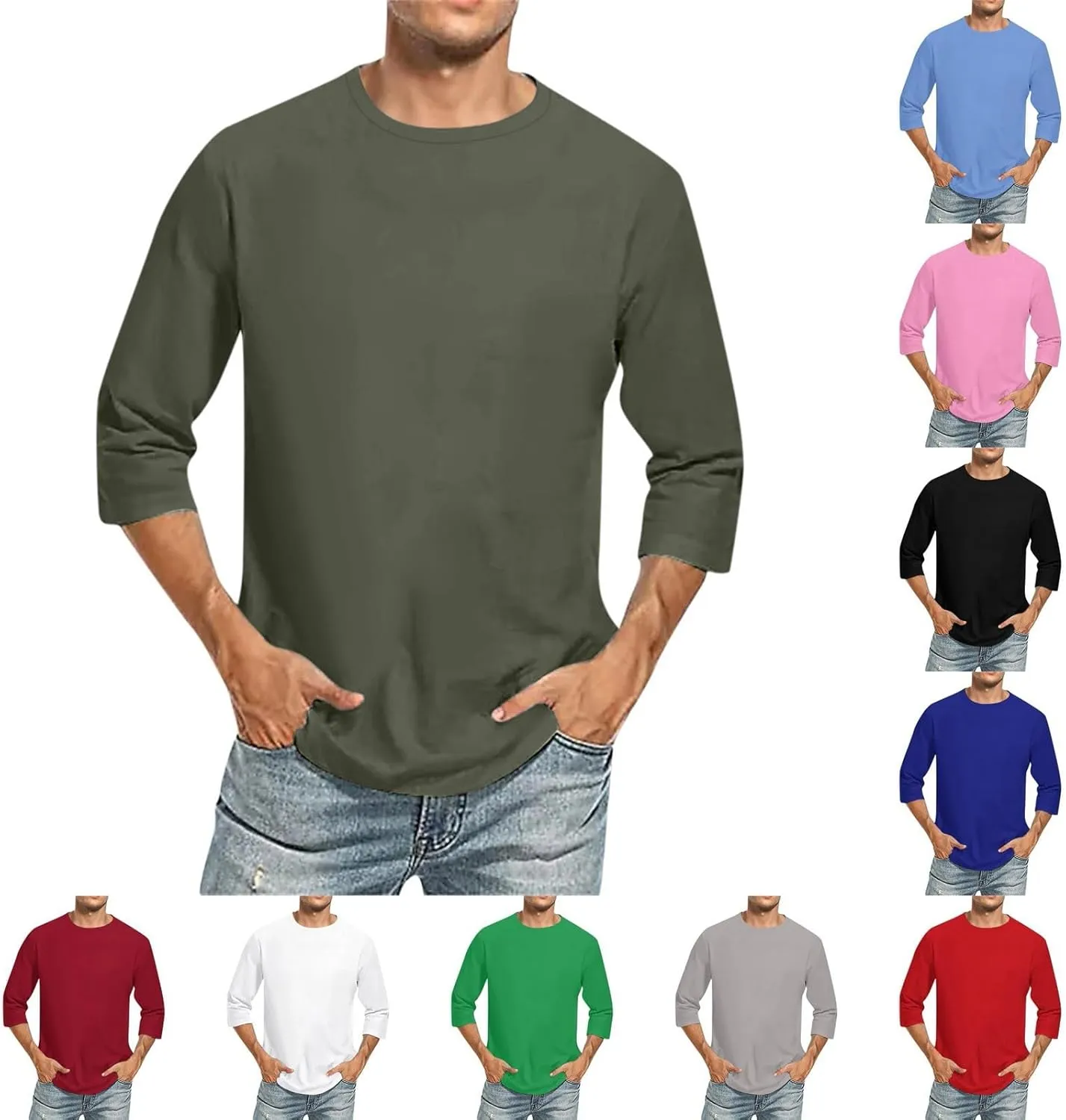 3/4 Sleeve Shirt for Men Solid Color Crew Neck Baseball T-Shirts Three Quarter Sleeve T Shirts Summer Casual Tees