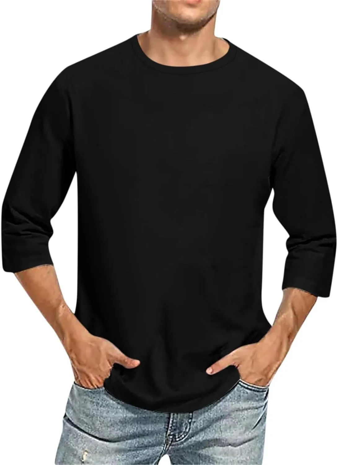 3/4 Sleeve Shirt for Men Solid Color Crew Neck Baseball T-Shirts Three Quarter Sleeve T Shirts Summer Casual Tees