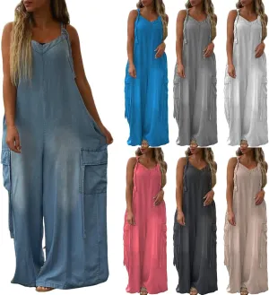 ADHOWBEW Women Jumpsuits 2025 Dressy Sleeveless Casual Plus Size Wide Leg Fashion Rompers Overalls with Cargo Pocket