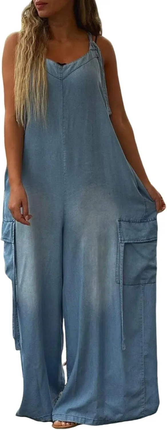 ADHOWBEW Women Jumpsuits 2025 Dressy Sleeveless Casual Plus Size Wide Leg Fashion Rompers Overalls with Cargo Pocket