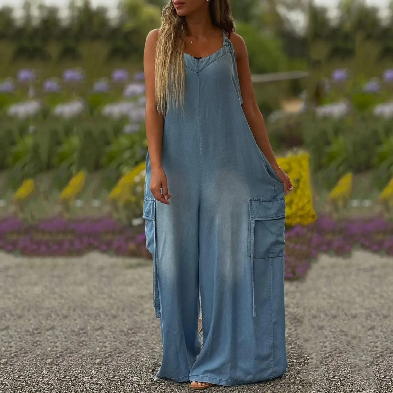 ADHOWBEW Women Jumpsuits 2025 Dressy Sleeveless Casual Plus Size Wide Leg Fashion Rompers Overalls with Cargo Pocket