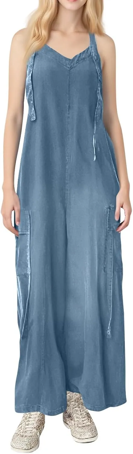 ADHOWBEW Women Jumpsuits 2025 Dressy Sleeveless Casual Plus Size Wide Leg Fashion Rompers Overalls with Cargo Pocket