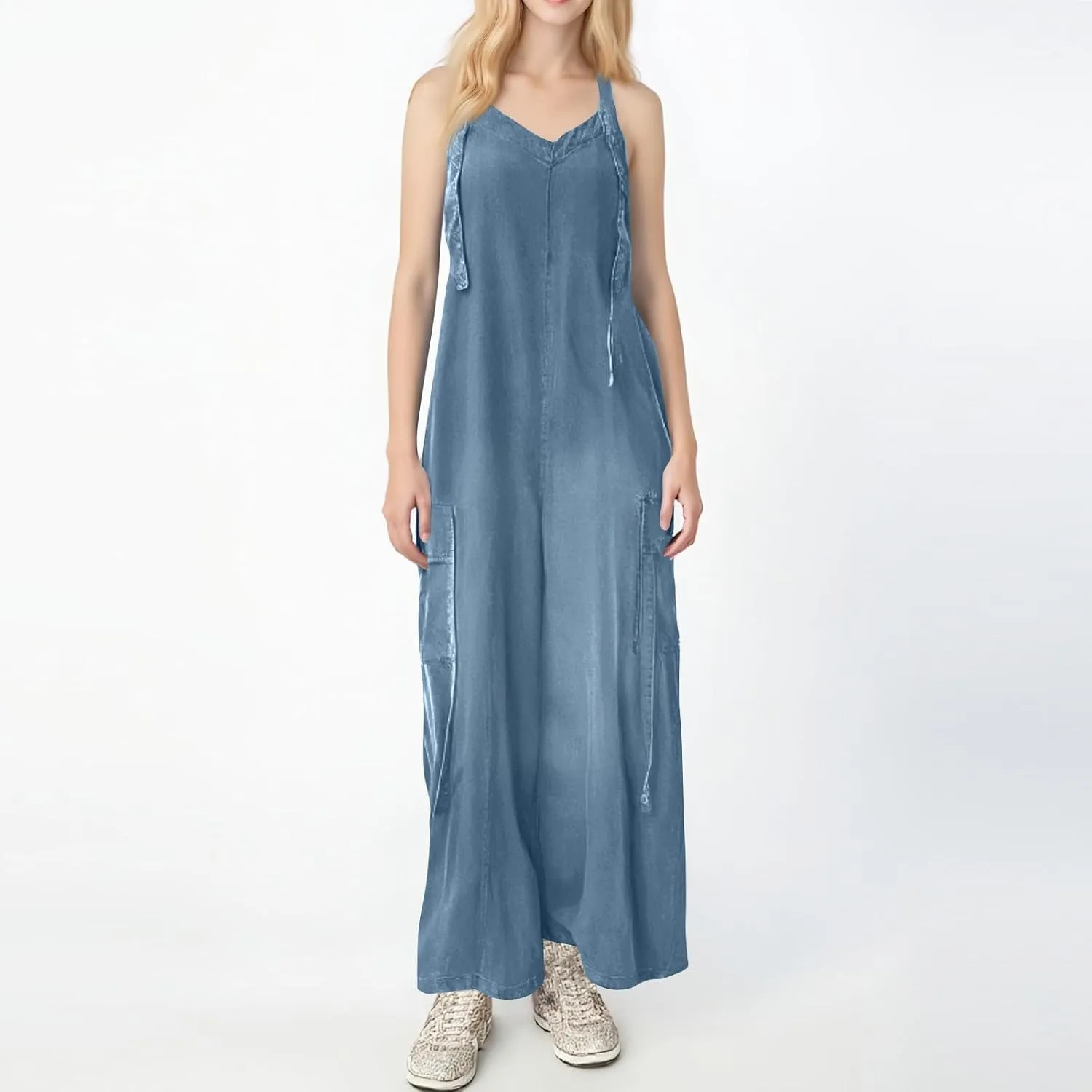 ADHOWBEW Women Jumpsuits 2025 Dressy Sleeveless Casual Plus Size Wide Leg Fashion Rompers Overalls with Cargo Pocket