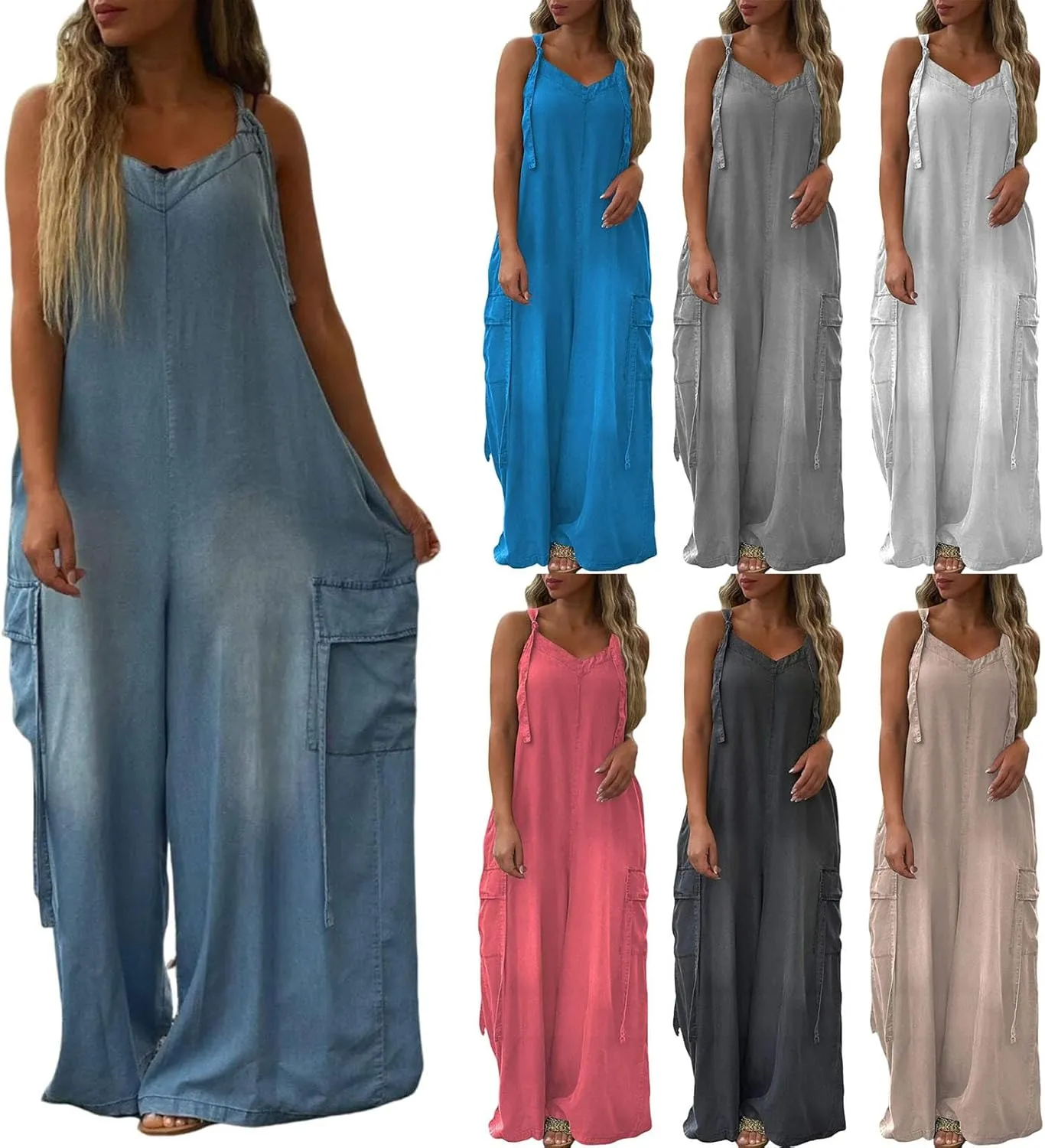 ADHOWBEW Women Jumpsuits 2025 Dressy Sleeveless Casual Plus Size Wide Leg Fashion Rompers Overalls with Cargo Pocket