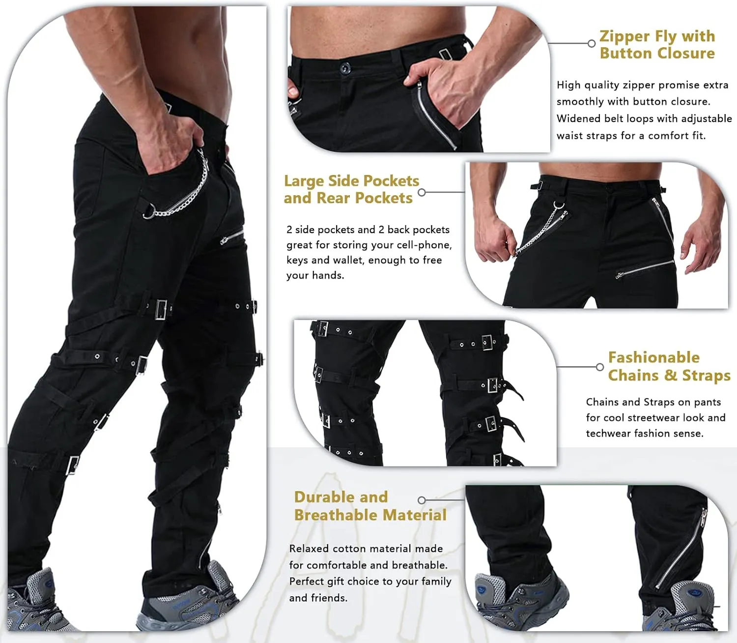 AKARMY Men's Fashion Hiphop Rock Punk Gothic Pants Techwear Sport Hiking Riding Cotton Casual Cargo Pants