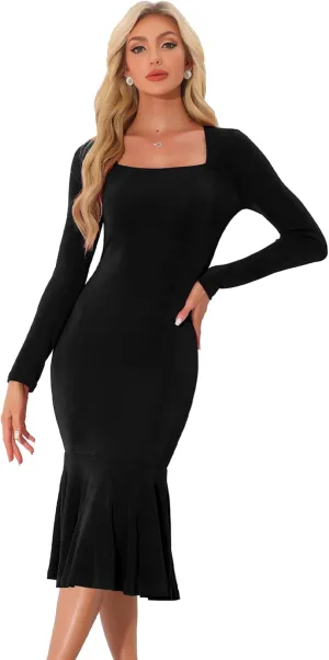 Allegra K Long Sleeve Midi Dresses for Women's Party Square Neck Ruffles Bodycon Dress