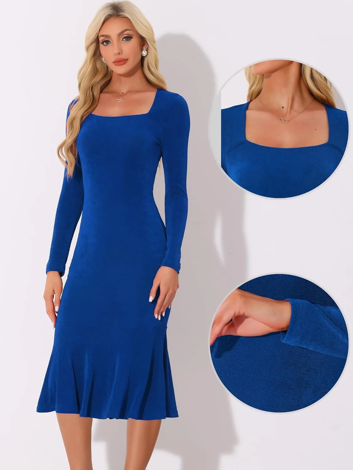 Allegra K Long Sleeve Midi Dresses for Women's Party Square Neck Ruffles Bodycon Dress