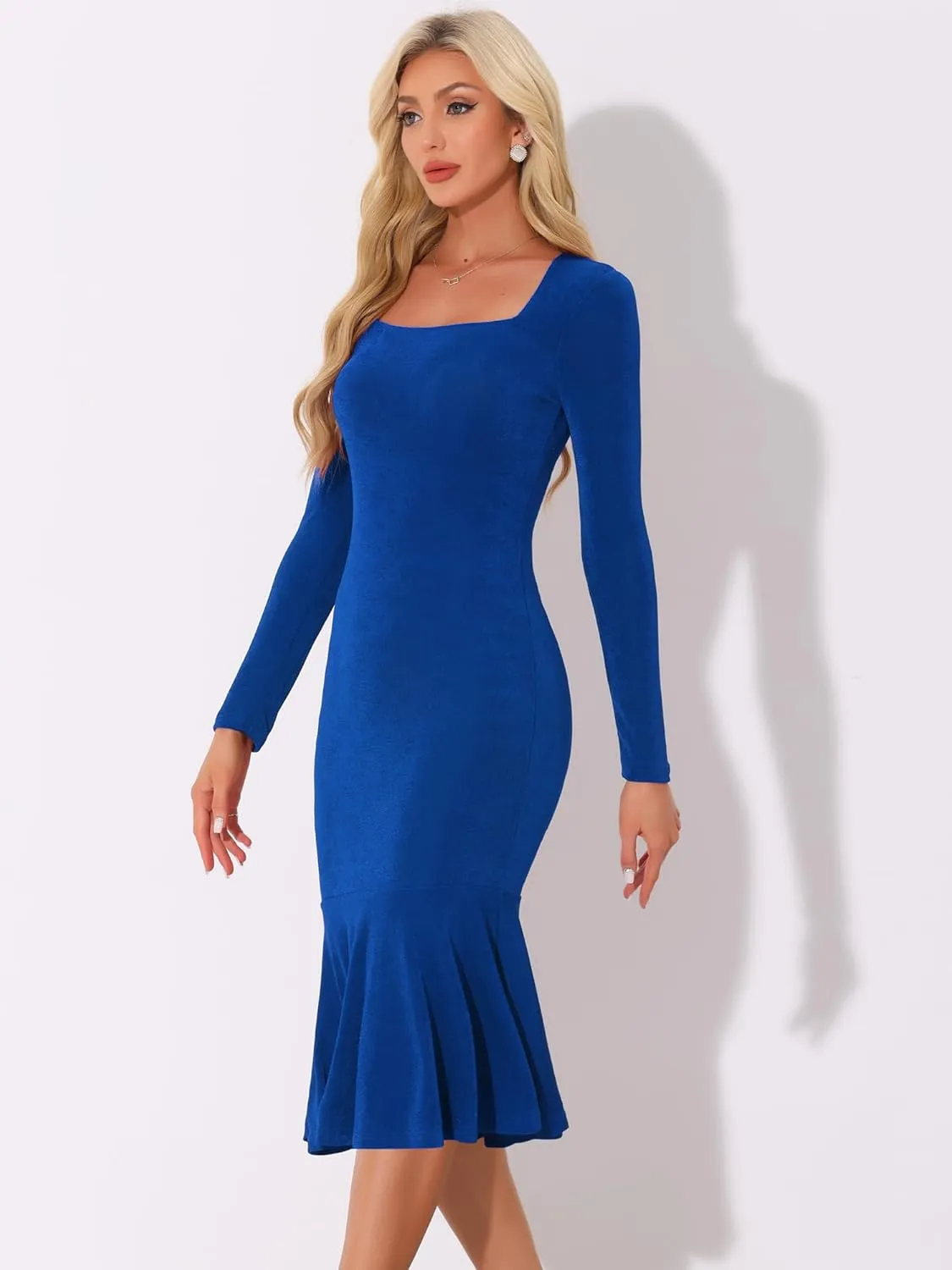 Allegra K Long Sleeve Midi Dresses for Women's Party Square Neck Ruffles Bodycon Dress