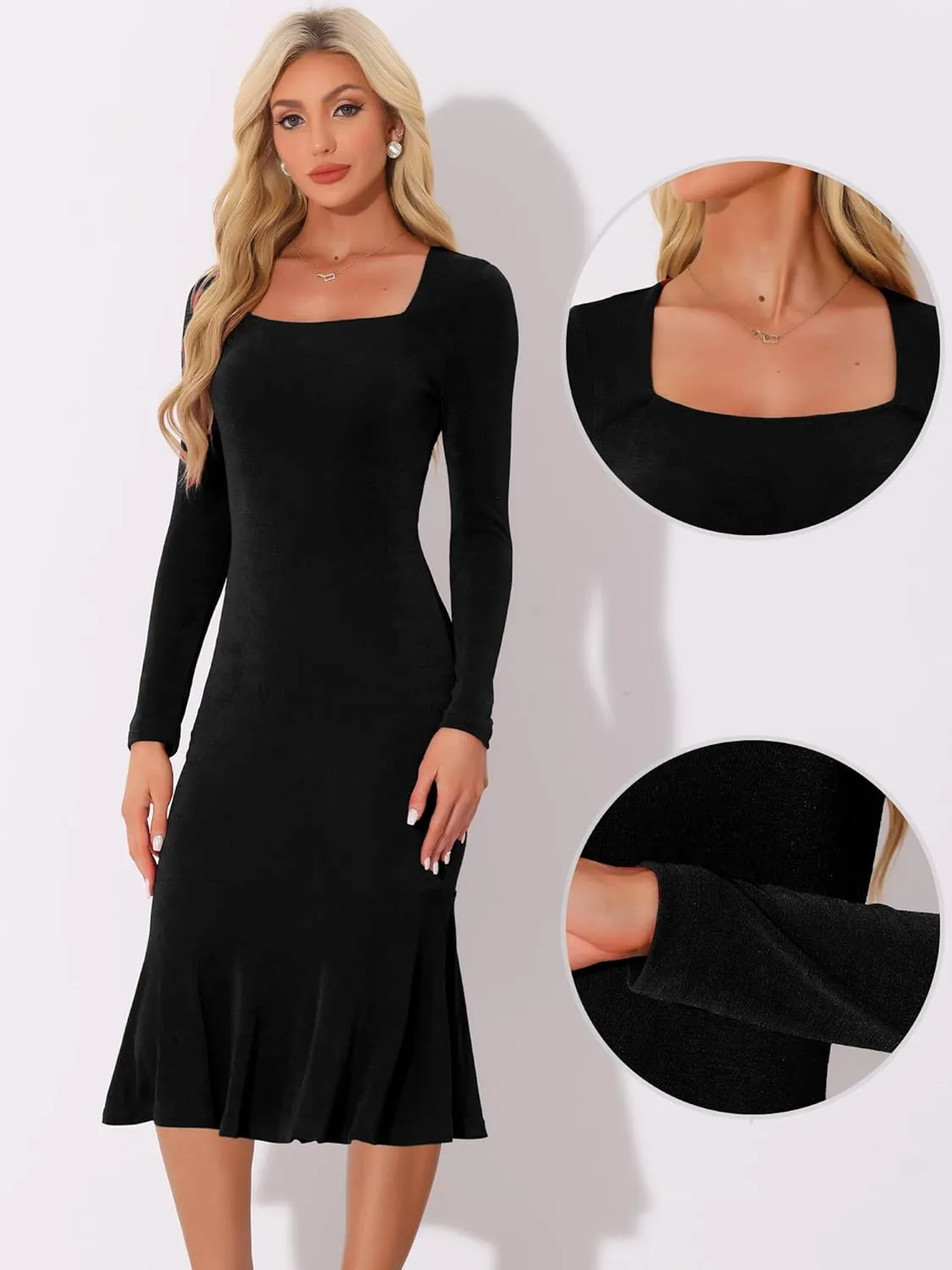 Allegra K Long Sleeve Midi Dresses for Women's Party Square Neck Ruffles Bodycon Dress