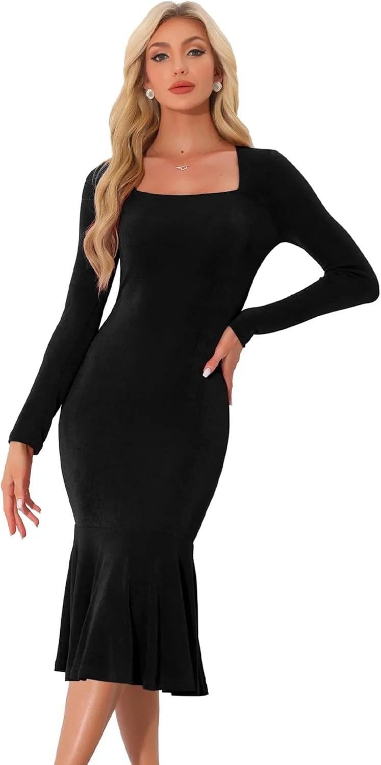 Allegra K Long Sleeve Midi Dresses for Women's Party Square Neck Ruffles Bodycon Dress