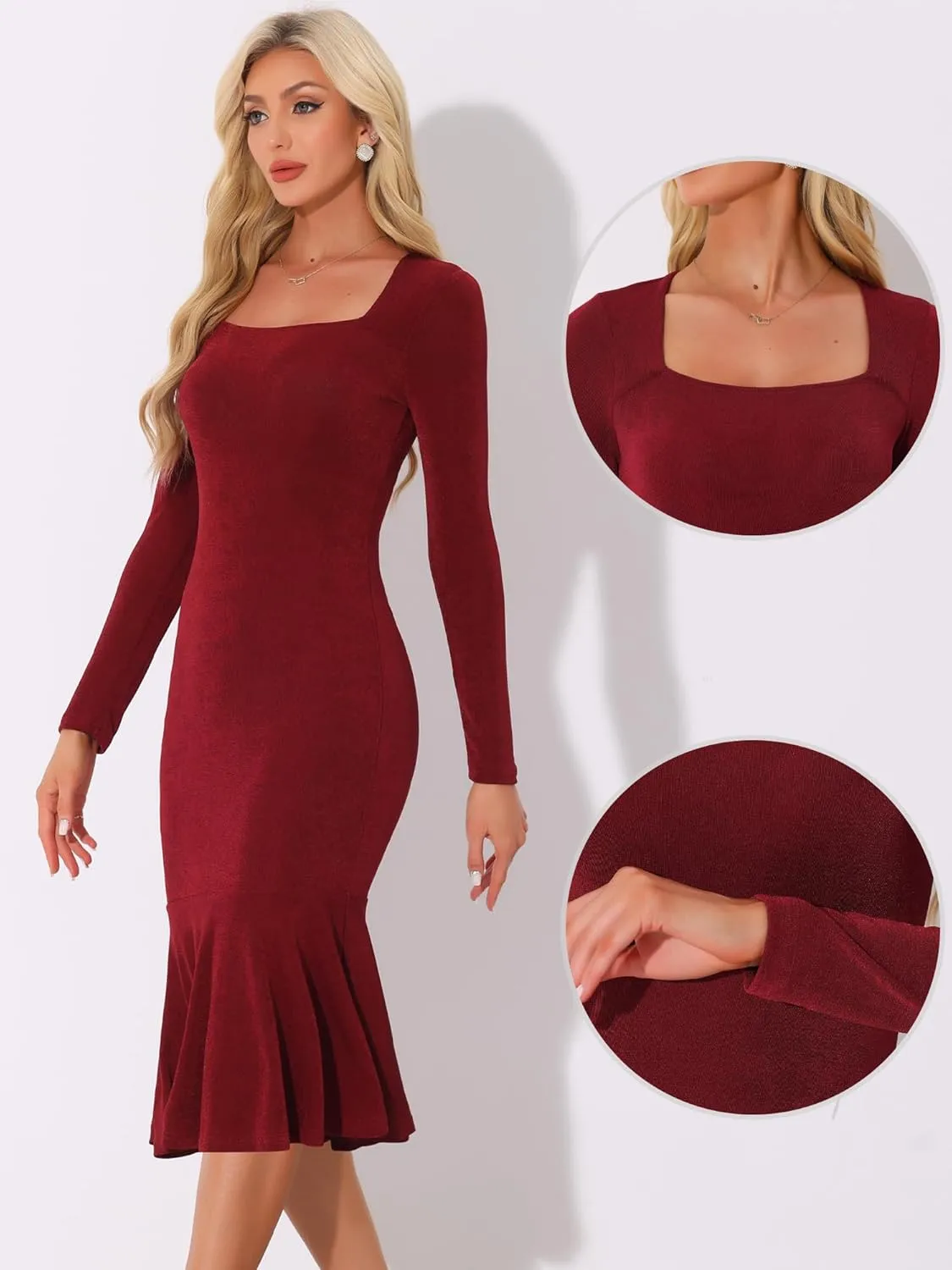 Allegra K Long Sleeve Midi Dresses for Women's Party Square Neck Ruffles Bodycon Dress