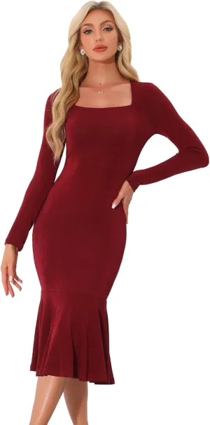 Allegra K Long Sleeve Midi Dresses for Women's Party Square Neck Ruffles Bodycon Dress