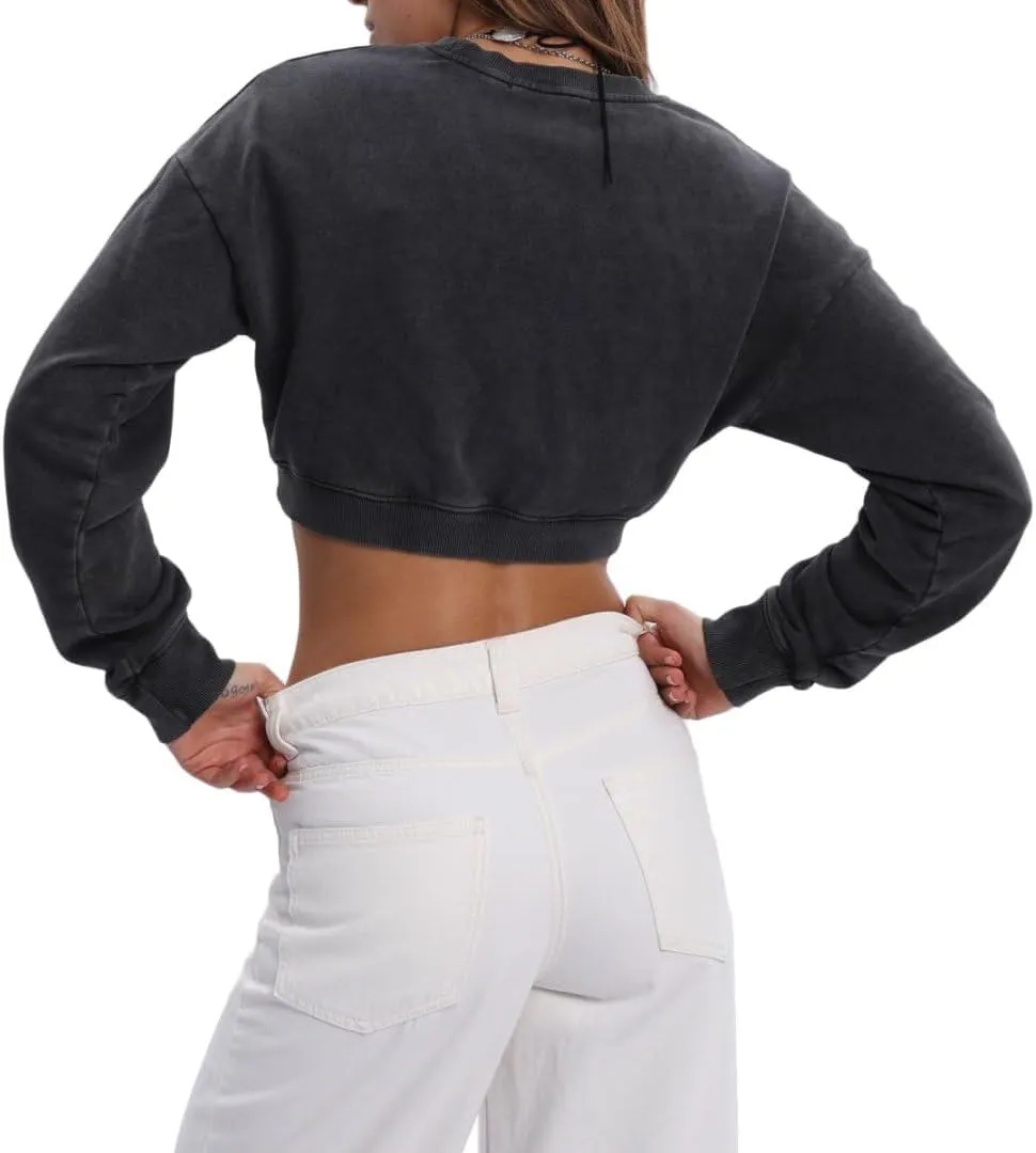 Amazhiyu Women's Acid Wash High Cropped Crewneck Sweatshirts Pullover Crop Tops
