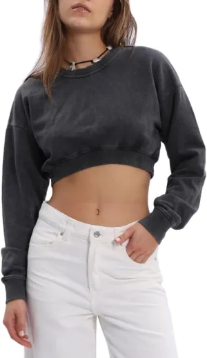 Amazhiyu Women's Acid Wash High Cropped Crewneck Sweatshirts Pullover Crop Tops