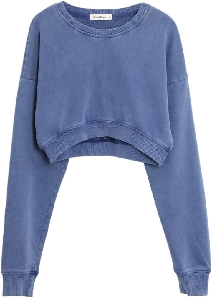 Amazhiyu Women's Acid Wash High Cropped Crewneck Sweatshirts Pullover Crop Tops