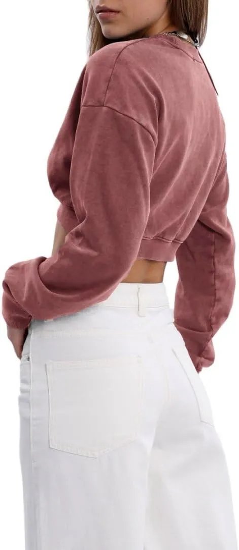 Amazhiyu Women's Acid Wash High Cropped Crewneck Sweatshirts Pullover Crop Tops
