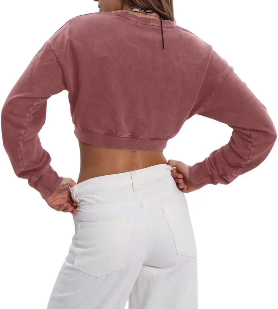 Amazhiyu Women's Acid Wash High Cropped Crewneck Sweatshirts Pullover Crop Tops