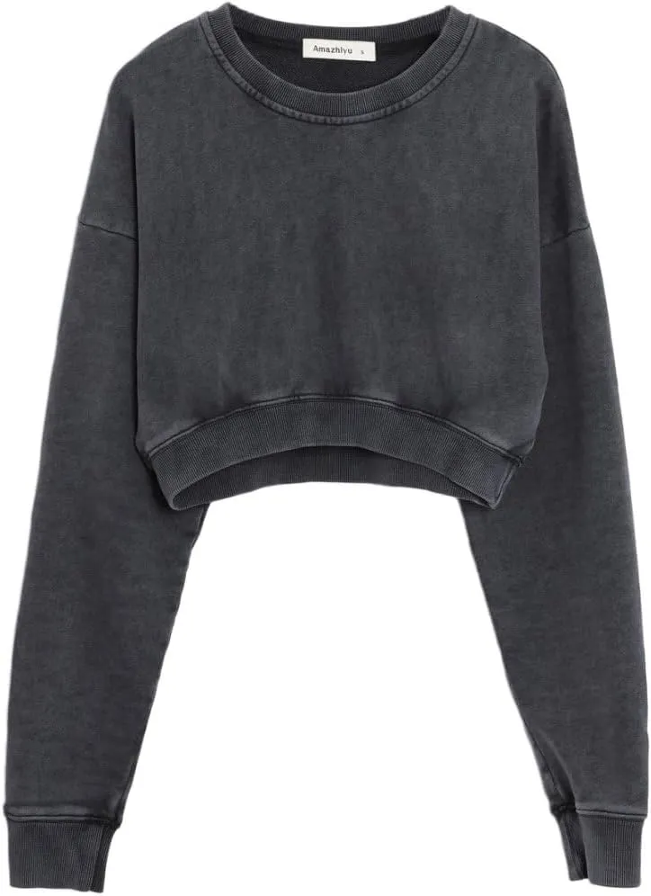 Amazhiyu Women's Acid Wash High Cropped Crewneck Sweatshirts Pullover Crop Tops