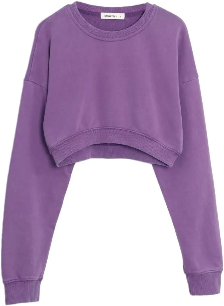 Amazhiyu Women's Acid Wash High Cropped Crewneck Sweatshirts Pullover Crop Tops