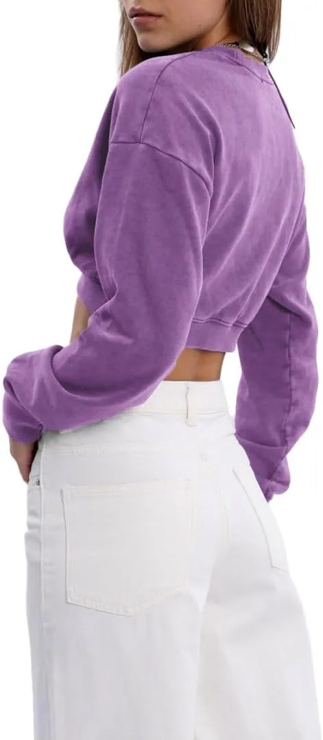Amazhiyu Women's Acid Wash High Cropped Crewneck Sweatshirts Pullover Crop Tops