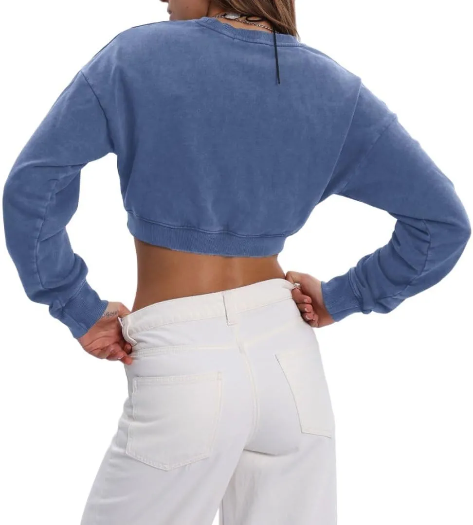 Amazhiyu Women's Acid Wash High Cropped Crewneck Sweatshirts Pullover Crop Tops
