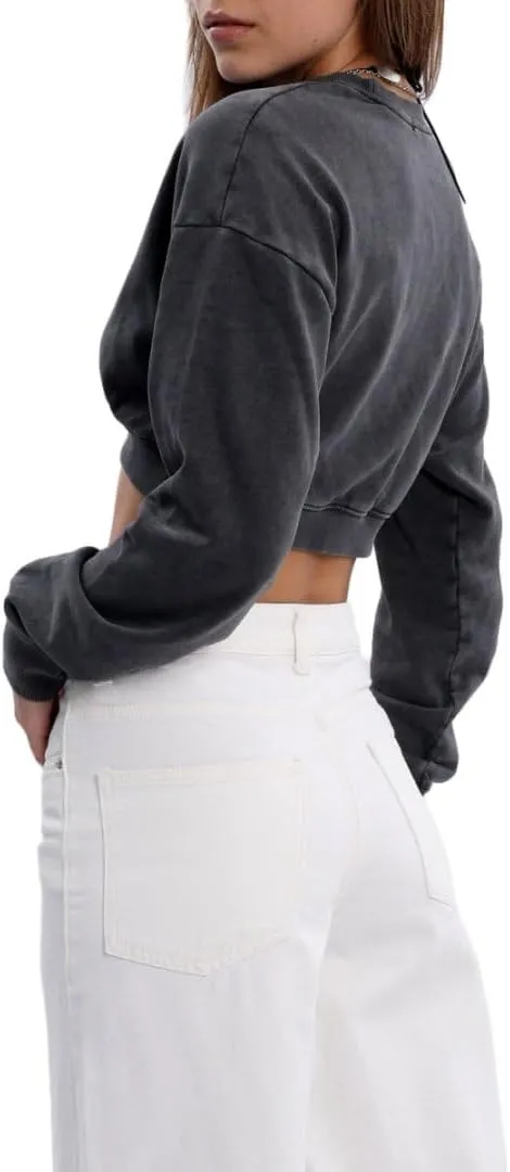 Amazhiyu Women's Acid Wash High Cropped Crewneck Sweatshirts Pullover Crop Tops