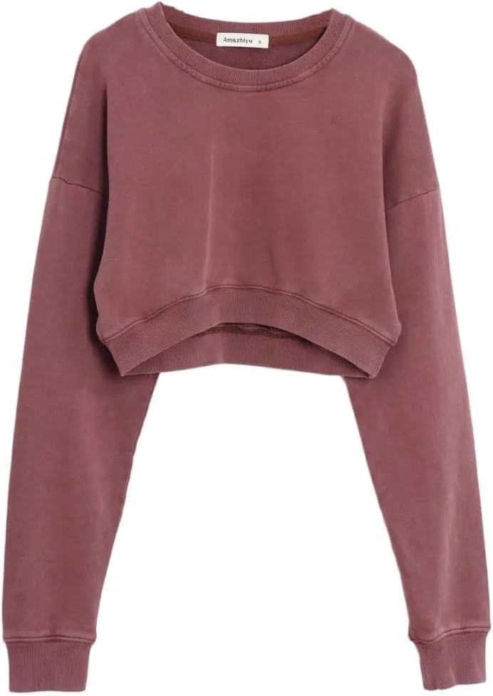 Amazhiyu Women's Acid Wash High Cropped Crewneck Sweatshirts Pullover Crop Tops