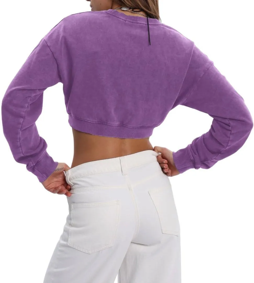 Amazhiyu Women's Acid Wash High Cropped Crewneck Sweatshirts Pullover Crop Tops