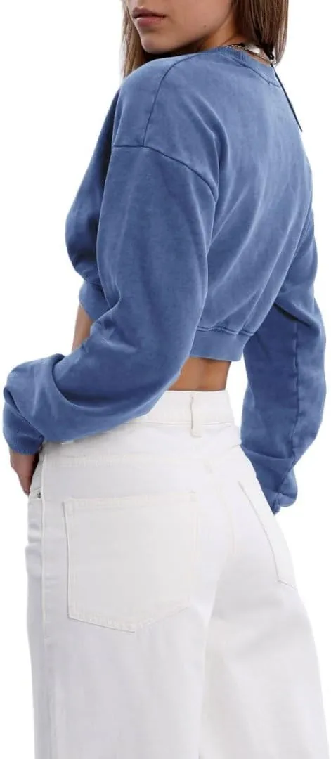 Amazhiyu Women's Acid Wash High Cropped Crewneck Sweatshirts Pullover Crop Tops