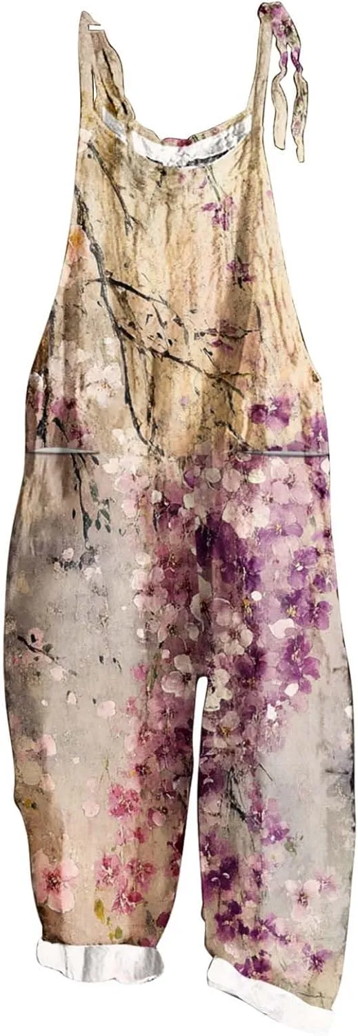 Baggy Linen Jumpsuits for Women 2025 Summer Overalls Romper Vintage Floral Print Adjustable Straps Casual Bib Pants