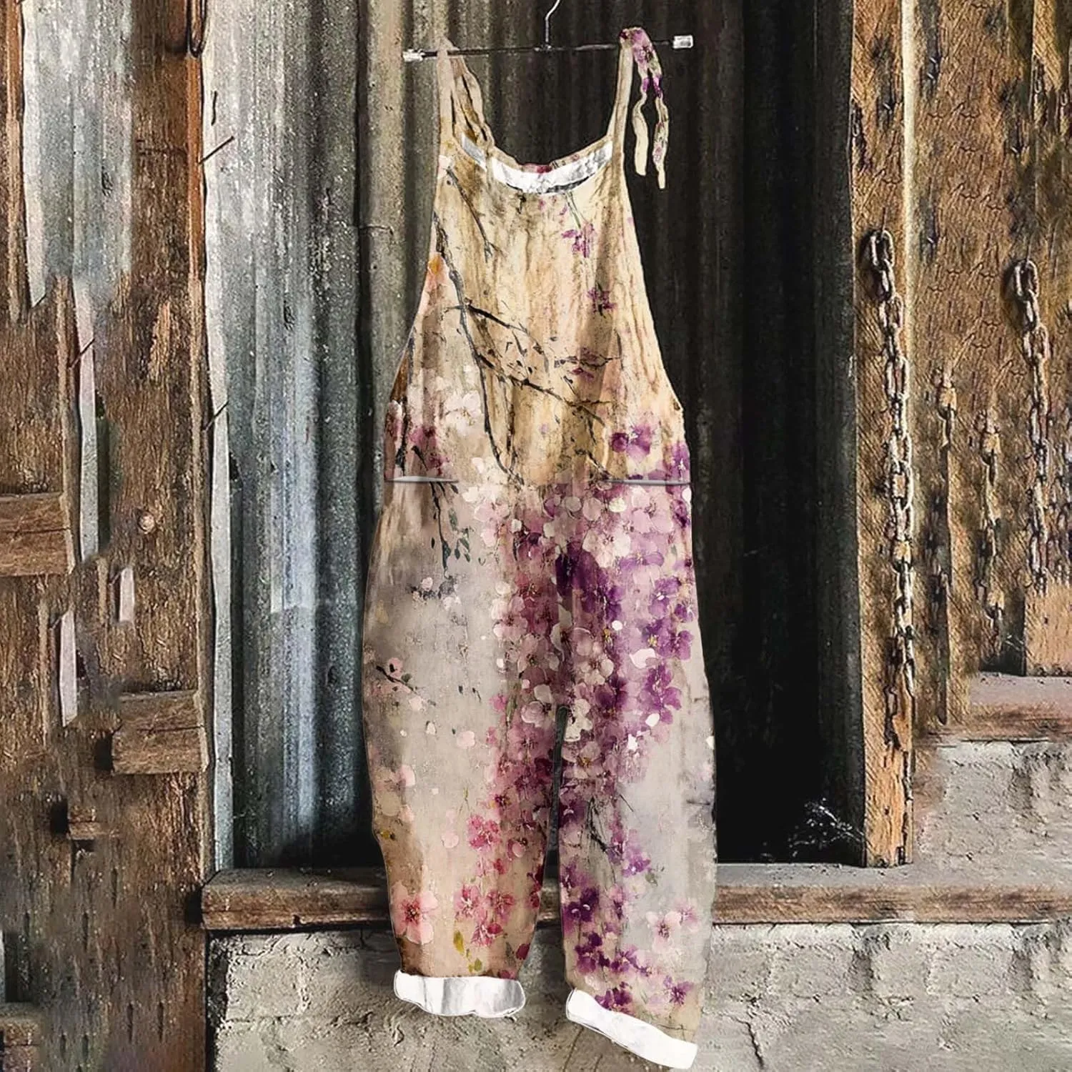 Baggy Linen Jumpsuits for Women 2025 Summer Overalls Romper Vintage Floral Print Adjustable Straps Casual Bib Pants