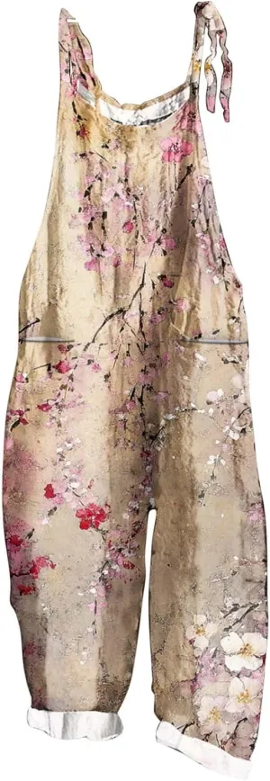 Baggy Linen Jumpsuits for Women 2025 Summer Overalls Romper Vintage Floral Print Adjustable Straps Casual Bib Pants