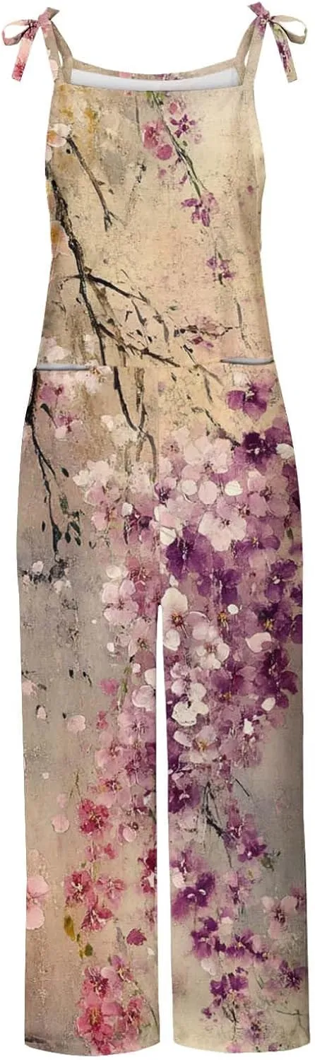 Baggy Linen Jumpsuits for Women 2025 Summer Overalls Romper Vintage Floral Print Adjustable Straps Casual Bib Pants