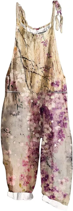 Baggy Linen Jumpsuits for Women 2025 Summer Overalls Romper Vintage Floral Print Adjustable Straps Casual Bib Pants