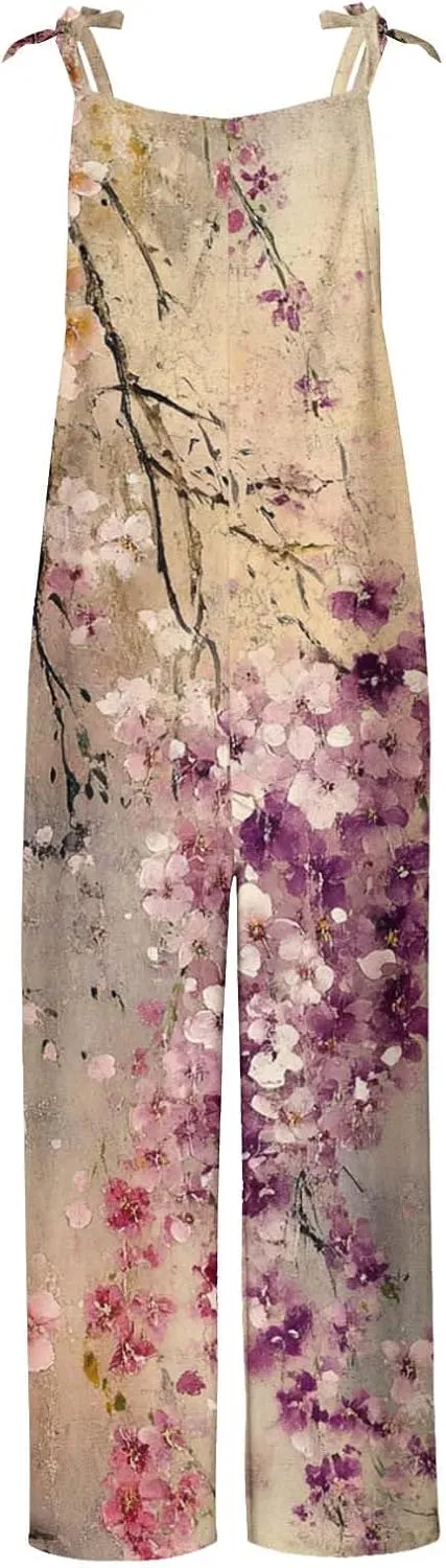 Baggy Linen Jumpsuits for Women 2025 Summer Overalls Romper Vintage Floral Print Adjustable Straps Casual Bib Pants