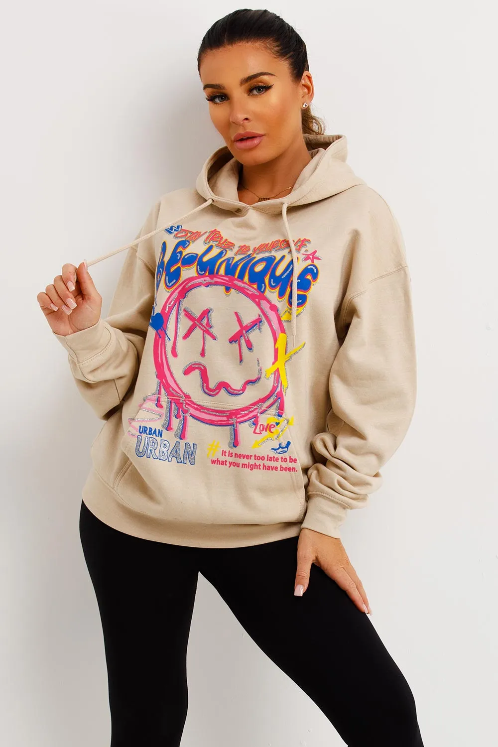 Beige Oversized Hoodie With Teddy Bear Be Unique Graphics