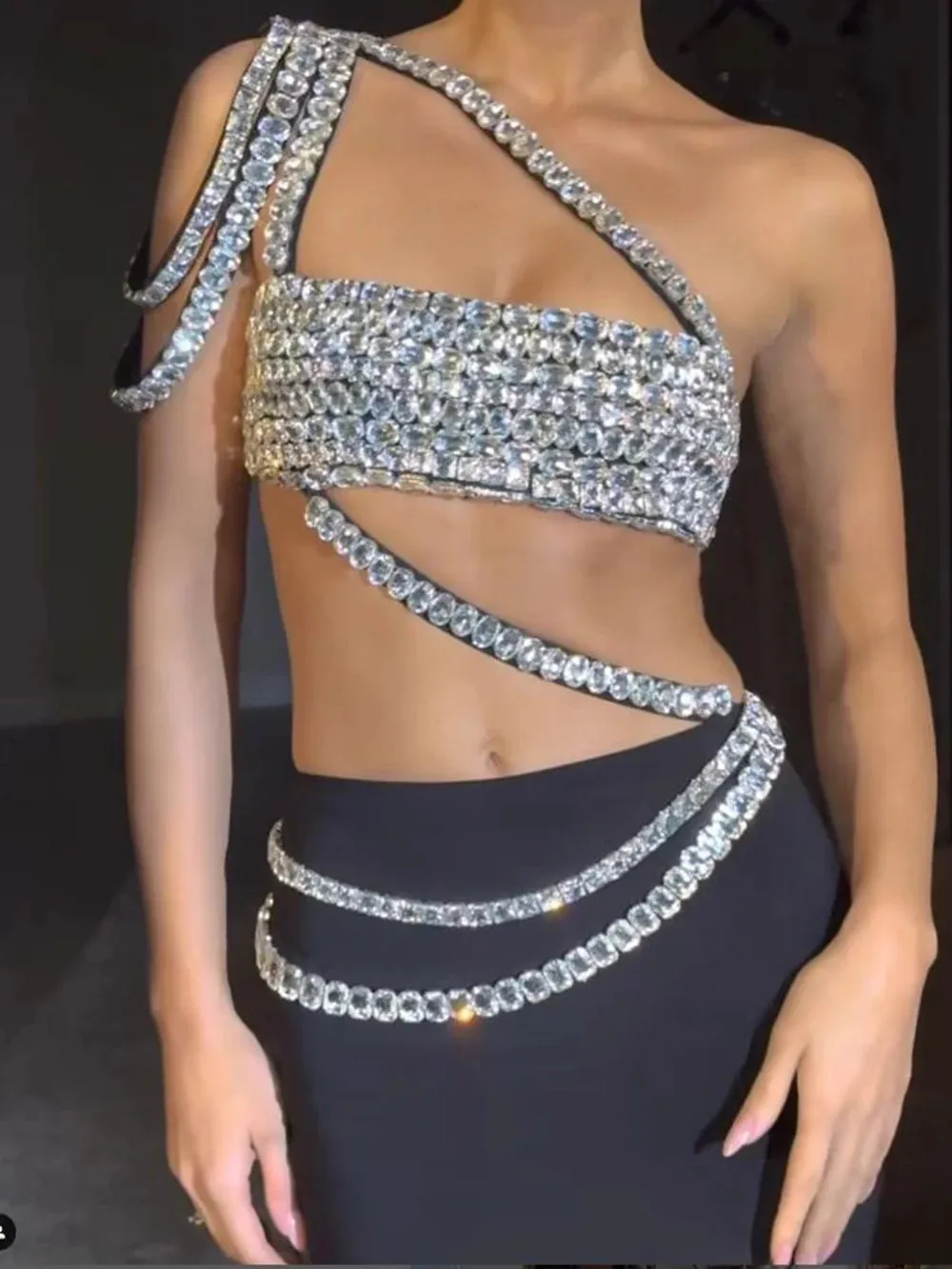Black Crystal One Shoulder Top Long Skirt Suit
