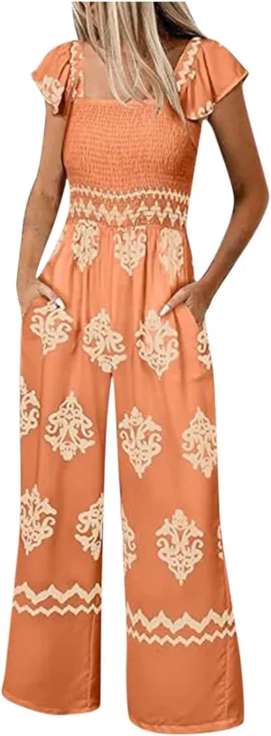 Boho Overalls for Women Wide Leg Floral Jumpsuits Square Neck Cap Sleeve Smocked Jumpsuit Summer Vacation Outfits Pockets