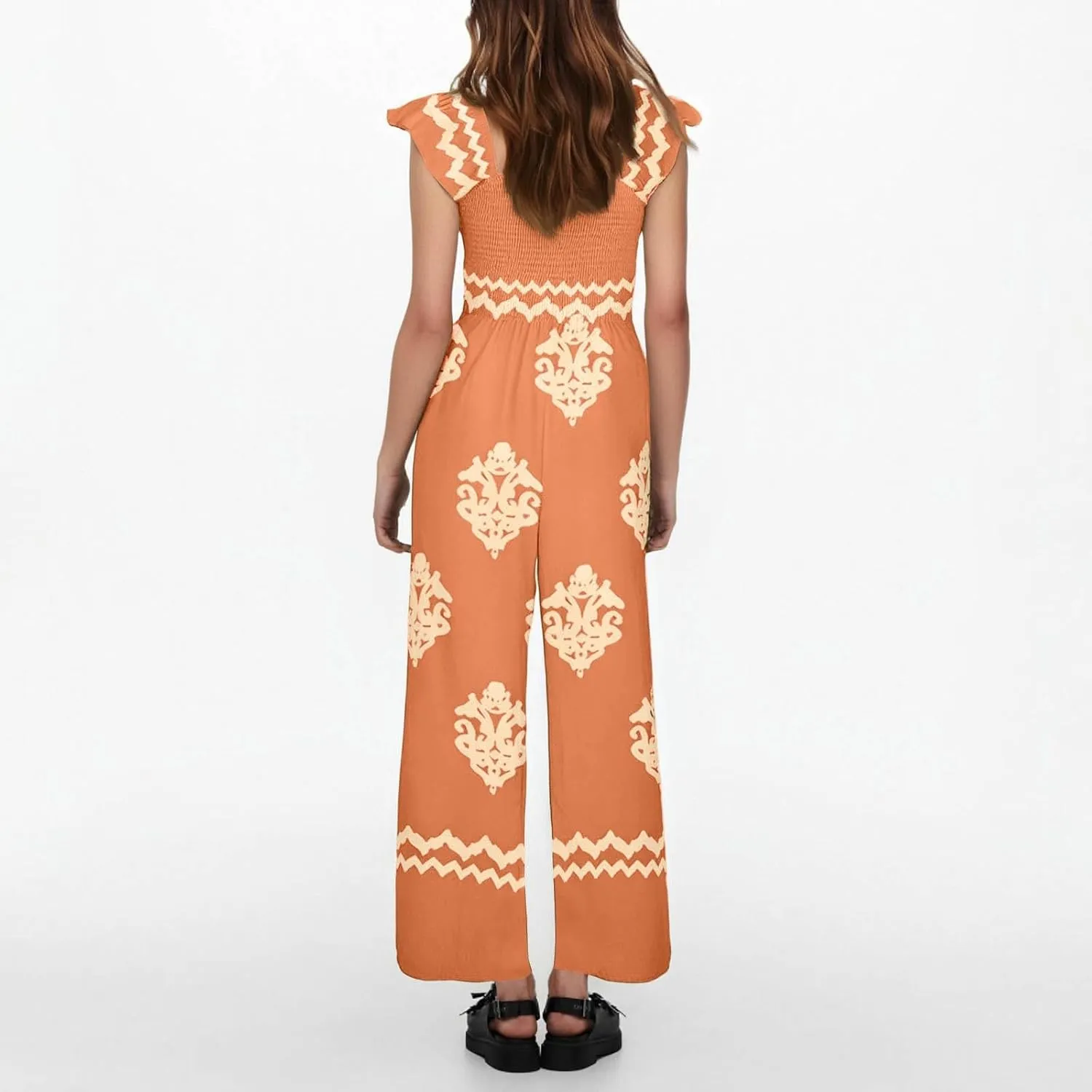 Boho Overalls for Women Wide Leg Floral Jumpsuits Square Neck Cap Sleeve Smocked Jumpsuit Summer Vacation Outfits Pockets